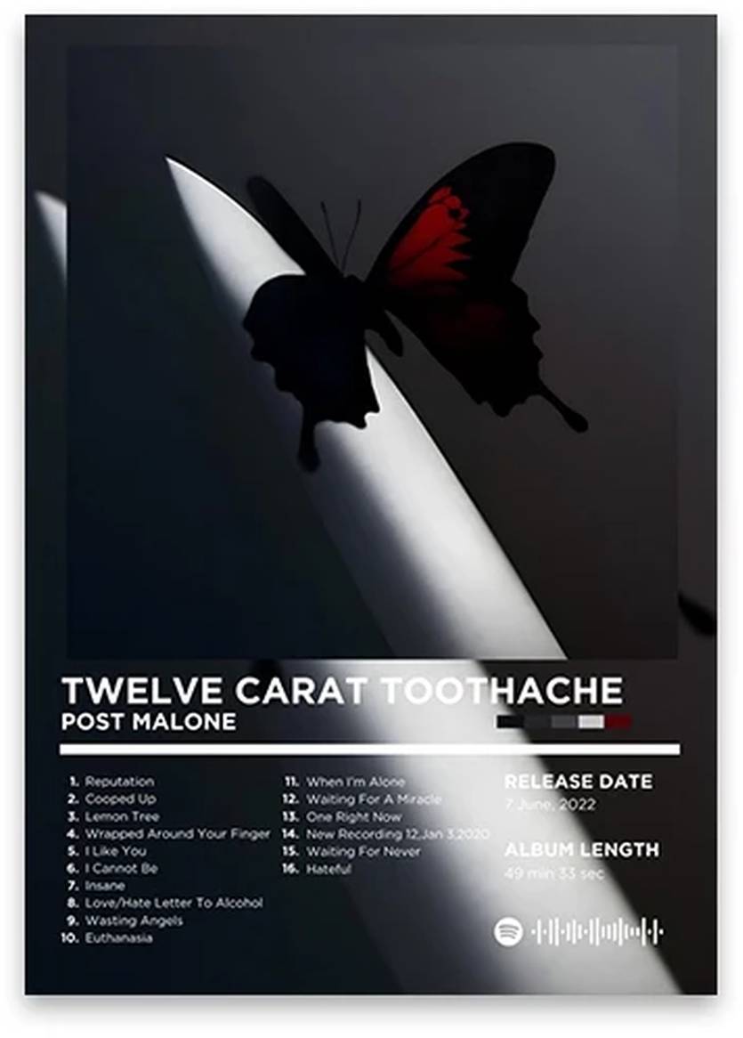 Twelve Carat Toothache Poster | Post Malone | Iconic Rap Album Art | Rhyme Legends | Hip Hop Wall Decor