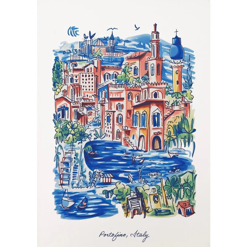 Portofino Italy Poster | Vibrant Coastal Village Art | Colorful Watercolor Print | Ideal for Home Decoration | Artistic Wall Decor