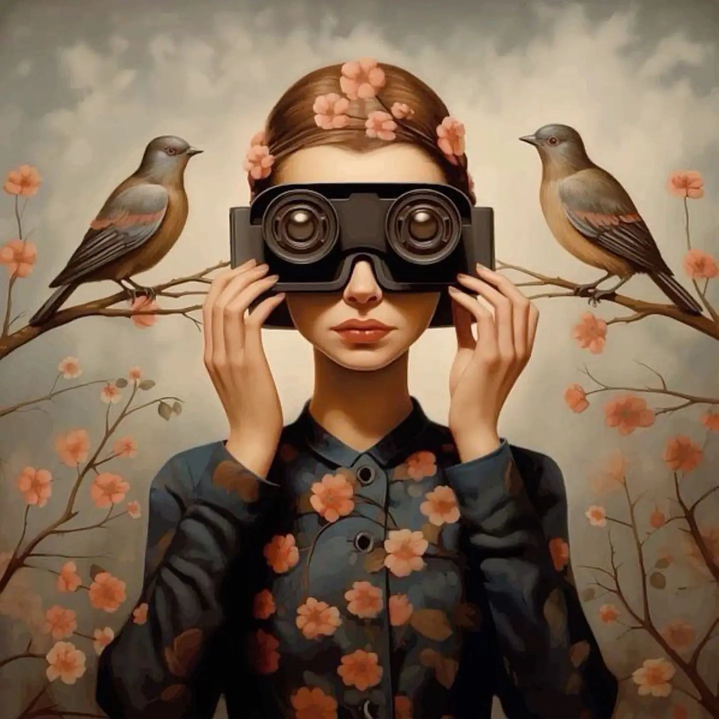 Floral Girl Poster | Woman in Large Goggles | Spring Blossom Backdrop Artwork for Home Decor