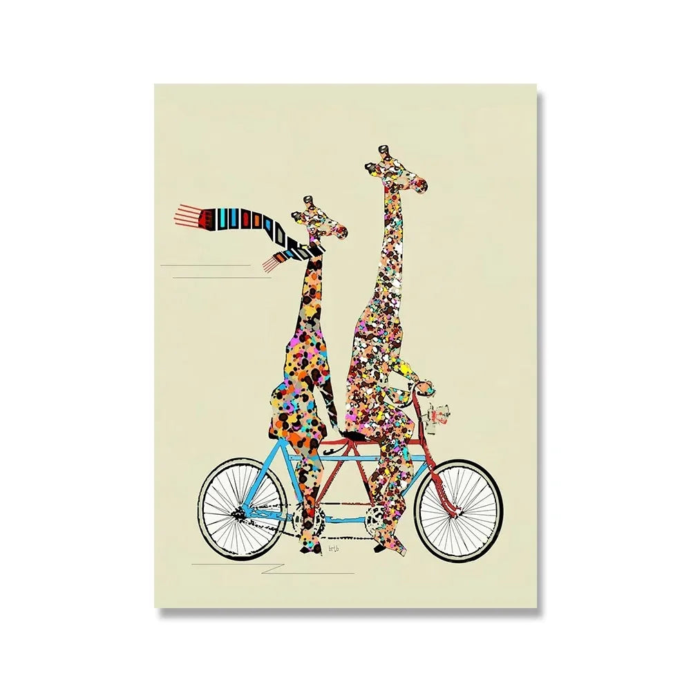 Giraffe's Patchwork Pedal Poster | Whimsical Wheels | Colorful Animated Adventure Decor | Joyful Journey Wall Art