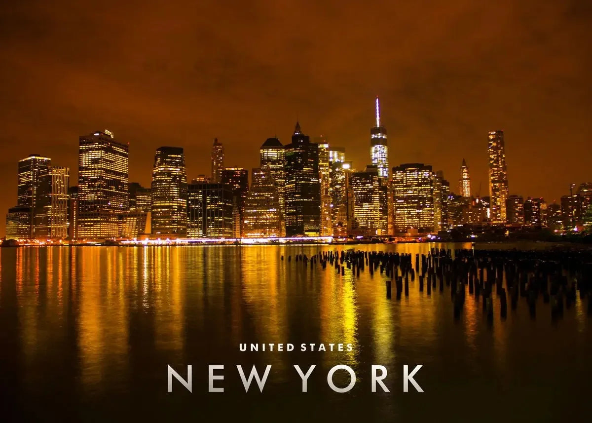 Manhattan Night Reflection Poster | New York Skyline | Serene Waterfront Views | Cityscape Art | Urban Nightscape Decor | Wall Art for Home & Office