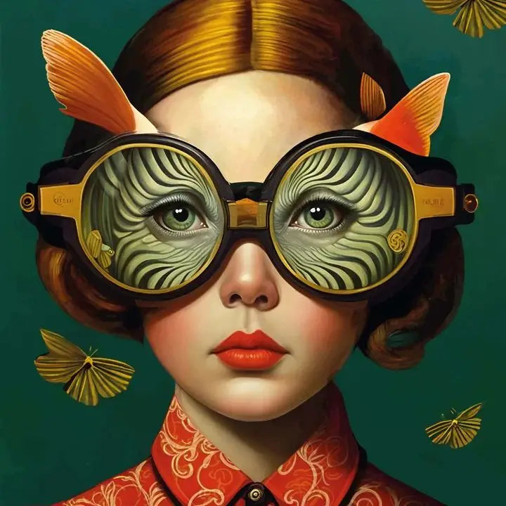 Floral Girl Poster | Surreal Oceanic Swirls | Fish-Eye Goggles Art | Marine Inspired Decor