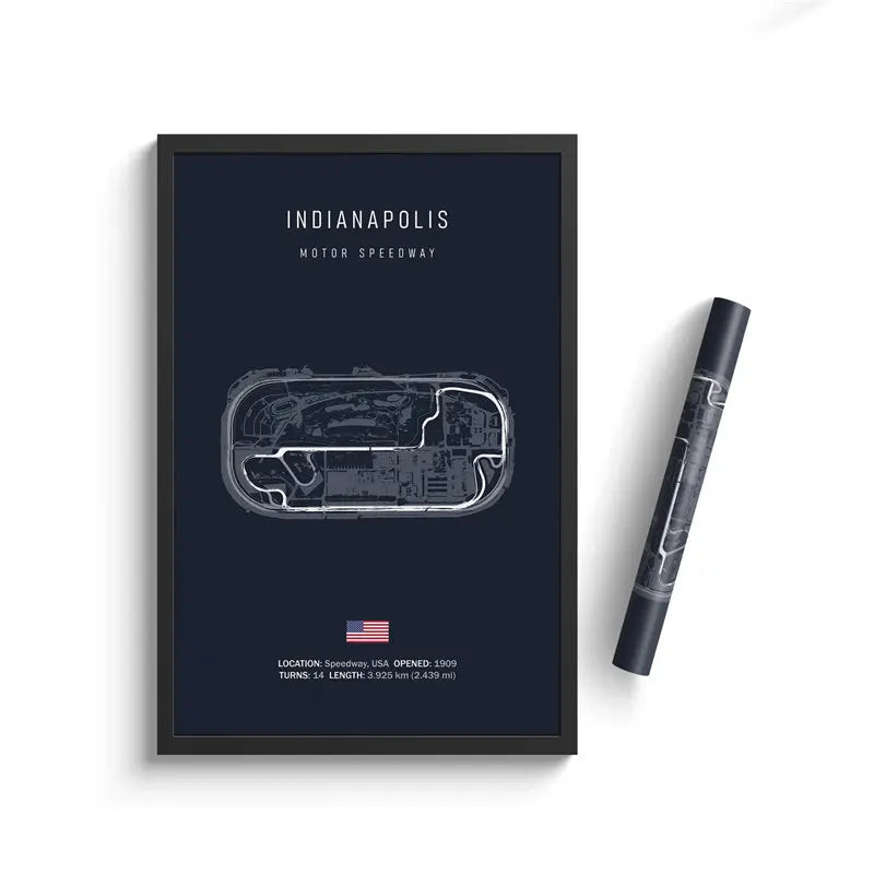 Poster mit dem Layout der Indianapolis F1-Strecke | Formel-1-Rennstreckenkunst | Motorsport-Wanddekor | Kunst für Haus und Garten | Visuelle Rennkunst