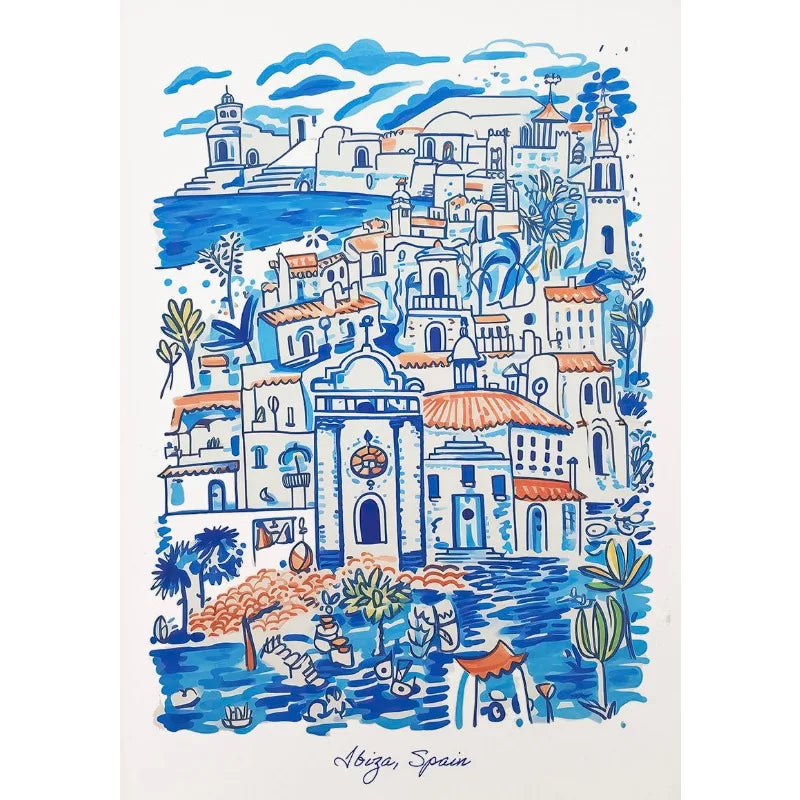 Ibiza Poster | Colorful Artistic Representation of Mediterranean Seaside Town | Perfect for Modern Home Decor | Vibrant Wall Art