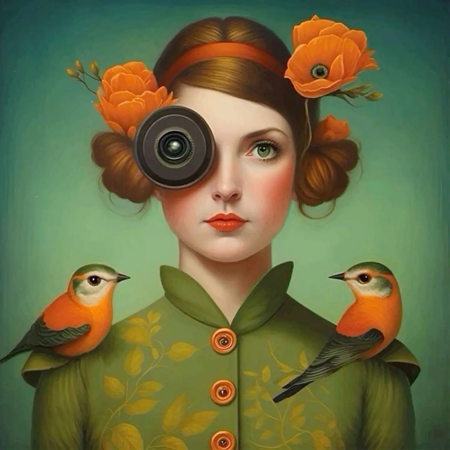 Floral Girl Poster | Optic Garden Artwork | Whimsical Woman with Bird and Botanical Embellishments | Nature Inspired Wall Decor