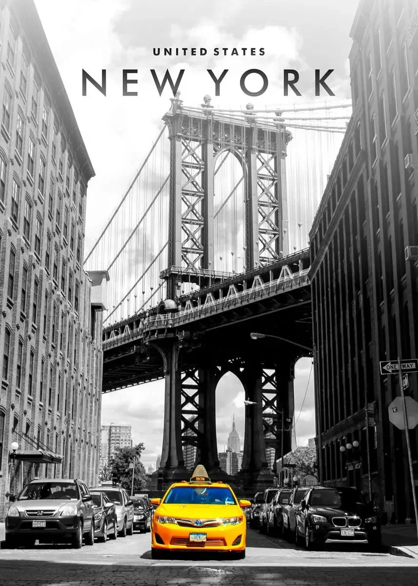 Yellow Taxi in Manhattan | Iconic NYC Scene Poster | Manhattan Bridge Background | New York City Art | Urban Decor