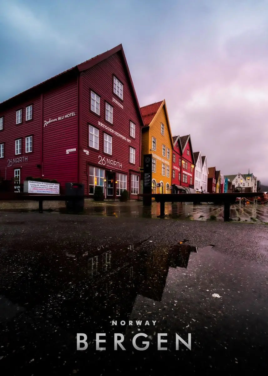 Rainy Day at Bryggen | Bergen Norway Poster | Historic Waterfront Charm Artwork | Scenic Travel Decor | Nordic Wall Art