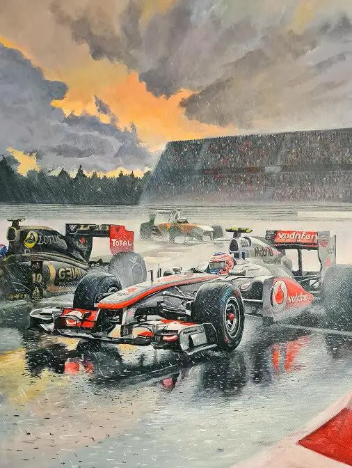 Poster | Rennszene im Regen | McLaren- und Lotus-Autos | Formel-1-Rennaction | Vodafone-Team