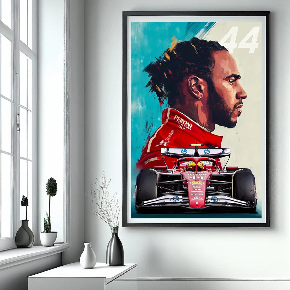 Lewis Hamilton 2025 Formula 1 Season Artistic Portrait Poster | Vibrant Abstract Background | SF25 Car | Number 44