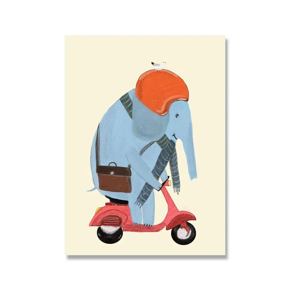 Elephant's Scooter Commute Poster | Whimsical Wheels | A Joyful Animated Journey | Children's Room Decor | Playful Animal Art