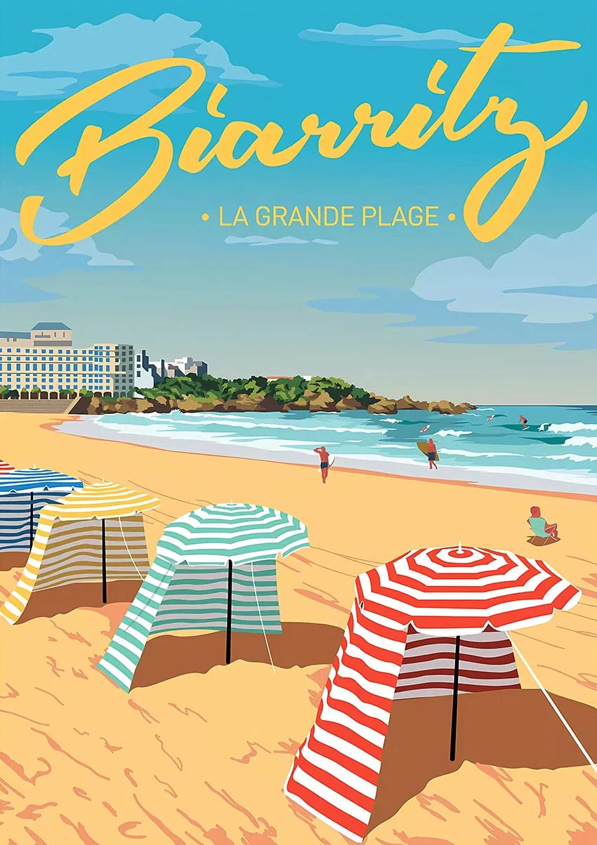 La Grande Plage | Biarritz Coastal Scene | Wall Art Poster | French Beach Décor | Coastal Charm Vintage Print
