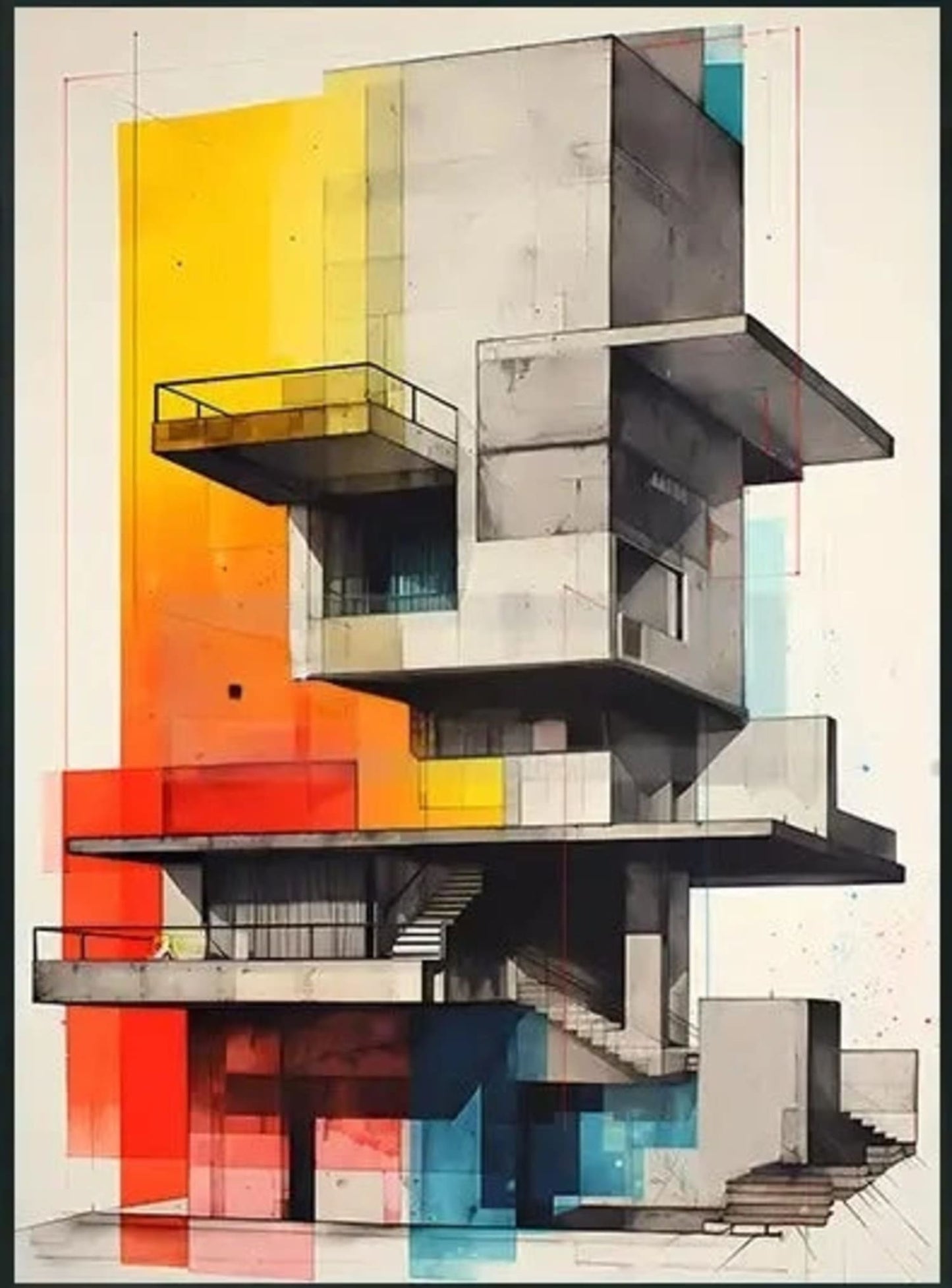 Abstract Architectural Facades Poster | Modern Building Design | Colorful Urban Decor Artwork | Stylish Interior Wall Art