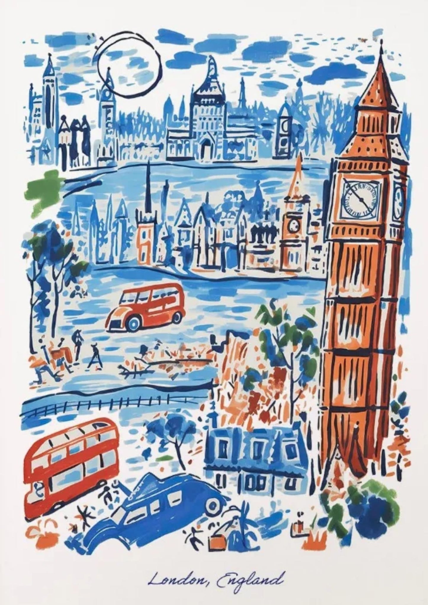 Poster London, England | Ikonische Wahrzeichen der Stadt | Blaue und rote Stadtszene | Perfektes Geschenk für Reisende