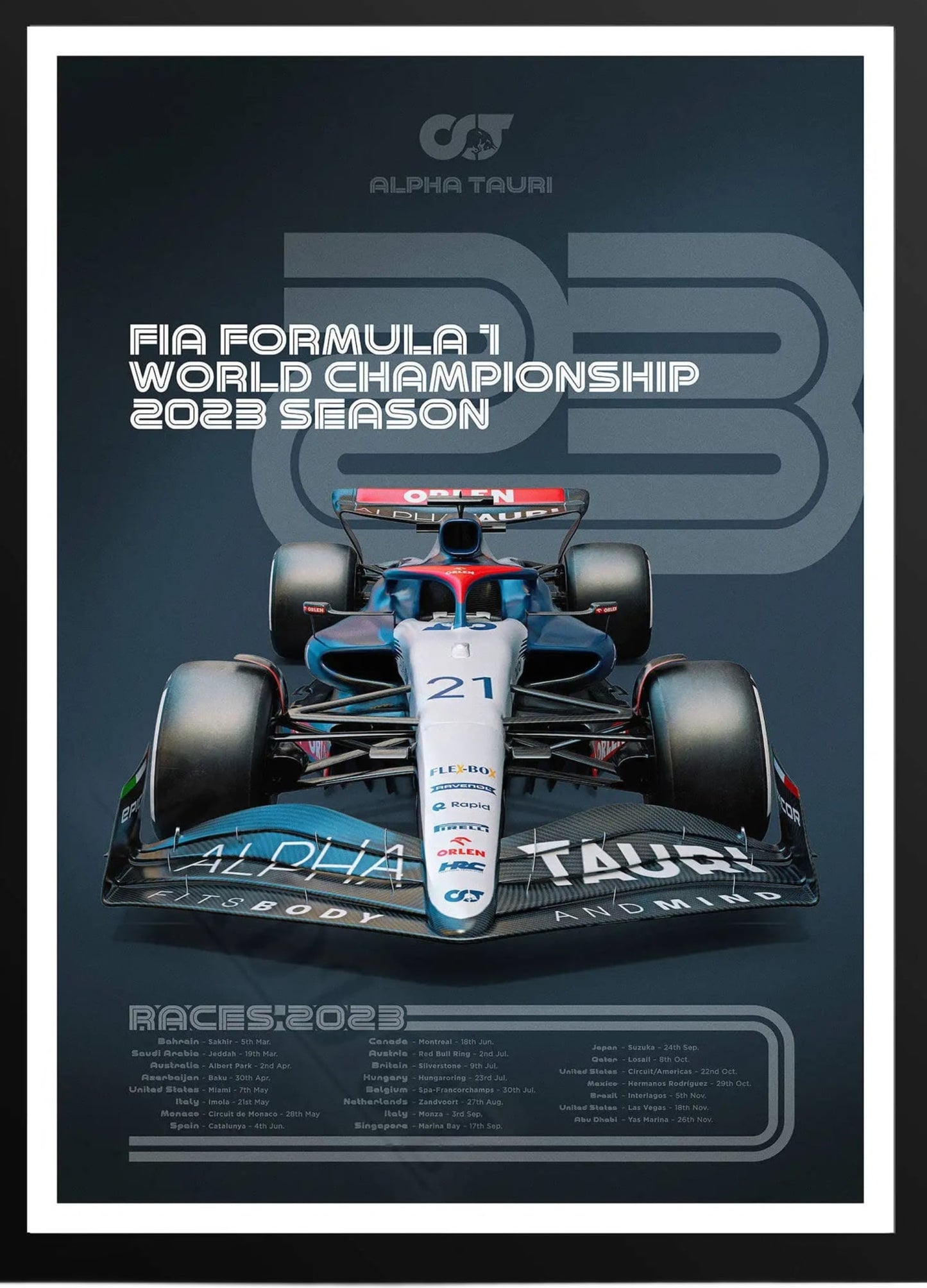 AlphaTauri | Nyck de Vries | Yuki Tsunoda | 2023 FIA Formula 1 World Championship Poster