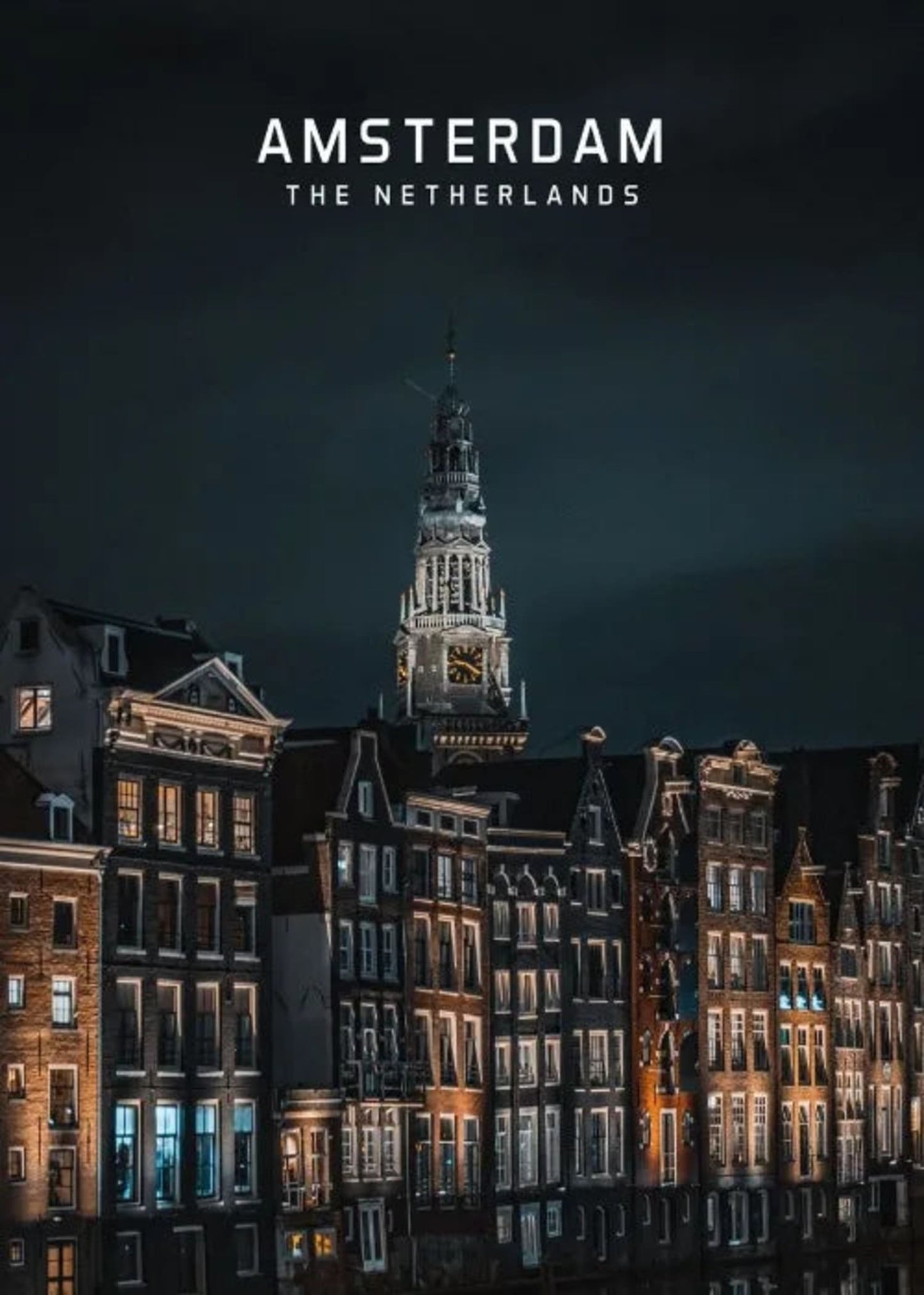 Amsterdam Canal Homes at Night Poster | Scenic European Cityscape Art | The Netherlands Wall Decor | Nighttime Urban Photography