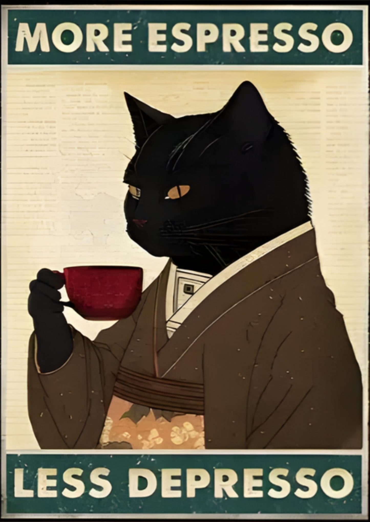 Schwarze Katze liest Zeitung | Lustiges Tierposter | Kunstzitat | Retro-Kunst | Wohnzimmerdekoration | Wandkunst
