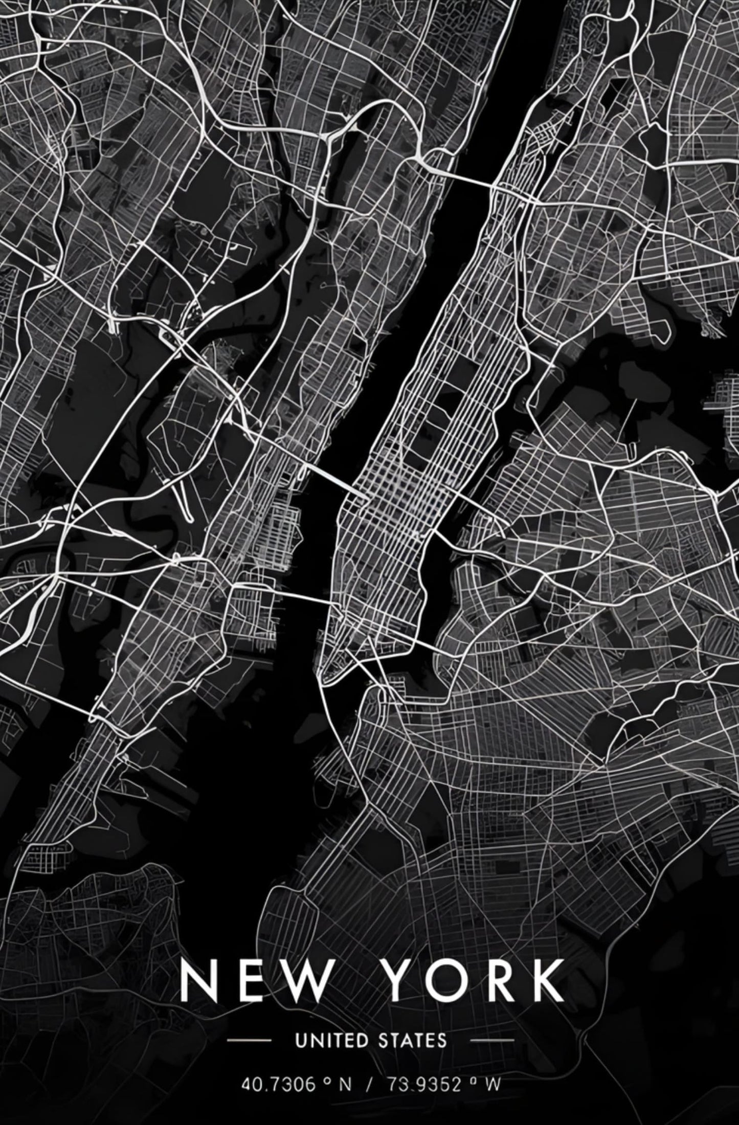 New York Stadskaart | Zwart & Wit | Minimalistisch Stedelijk Ontwerp