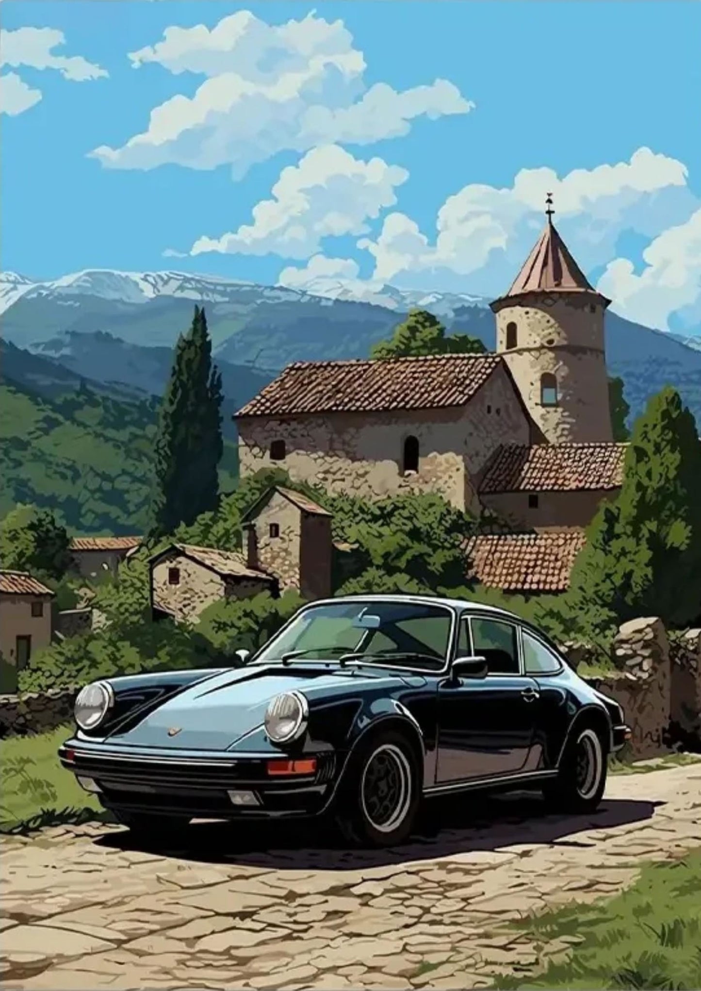 Porsche Poster | 911 Morning Glory | Morgendämmerung auf dem Land | Ruhe in der alten Kirche
