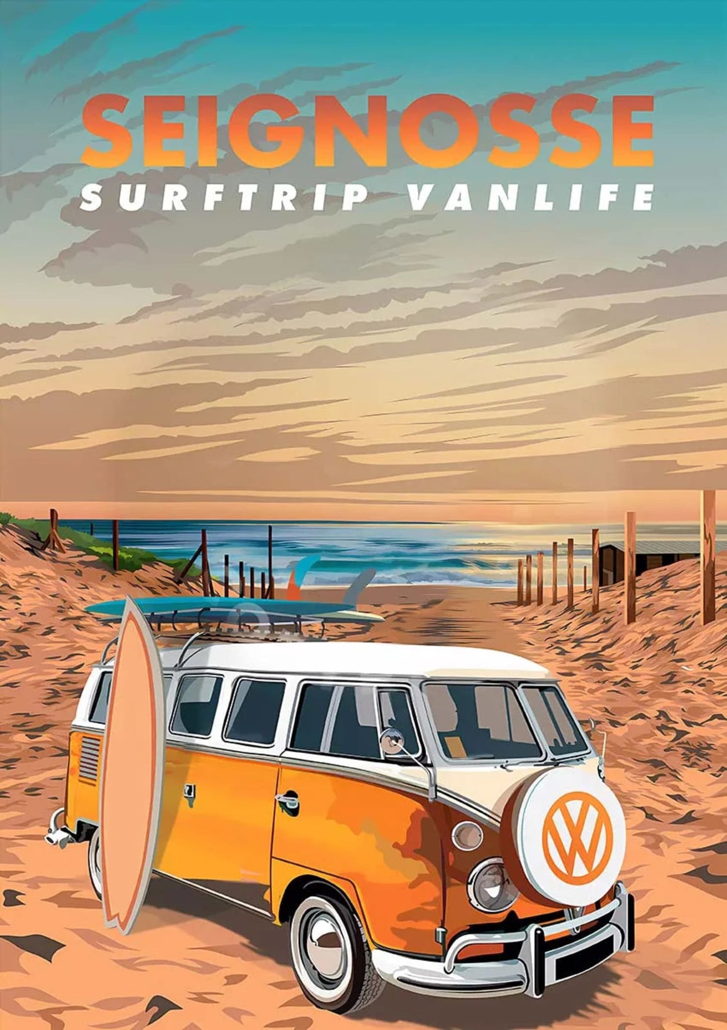 Surftrip Vanlife | Poster | Seignosse | France | The Adventurous Spirit of French Surfing Destinations | Wall Art Decor