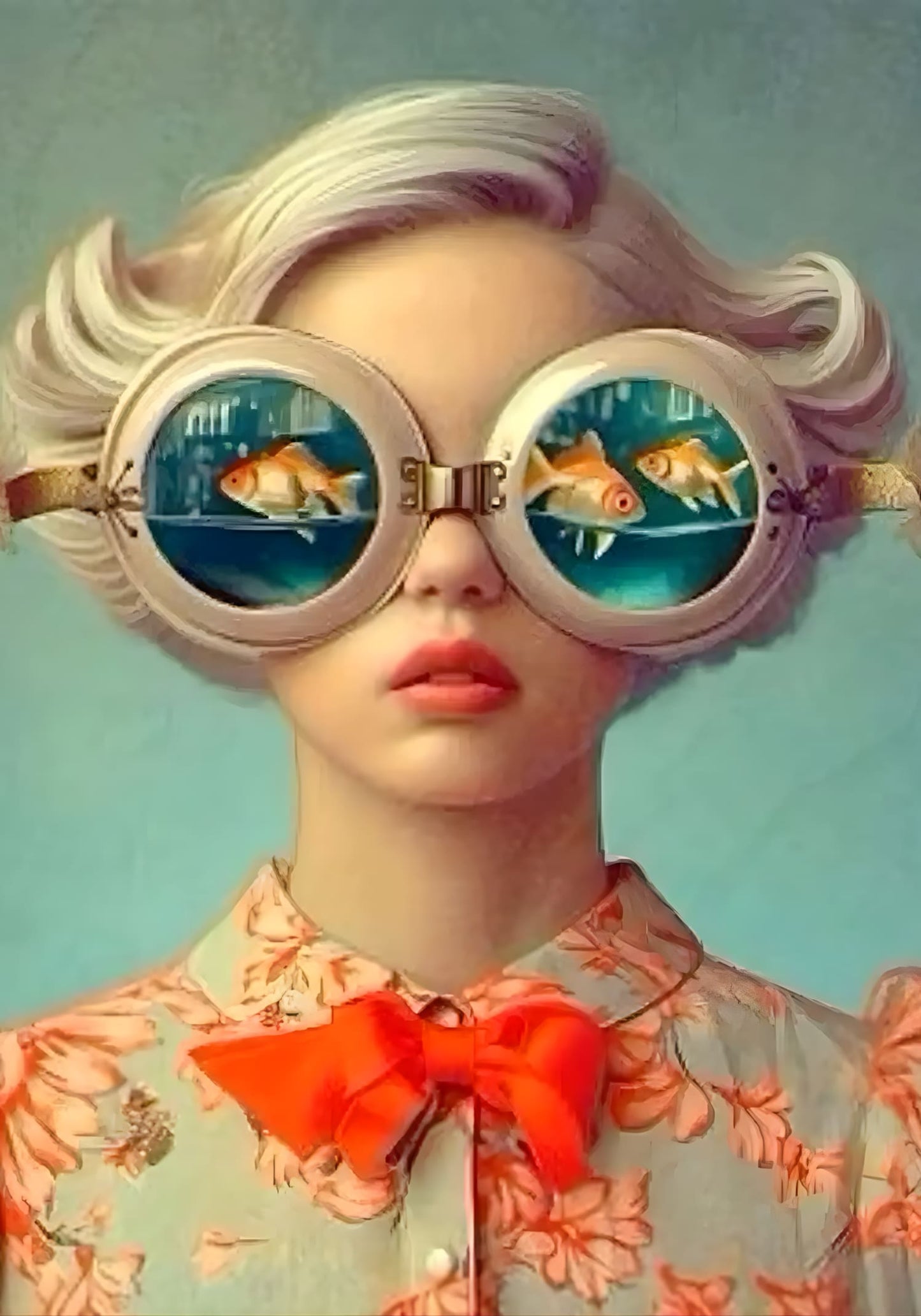 Blumenmädchen | Frau mit Fisch-Sonnenbrille | Ruhiger, türkisfarbener Hintergrund