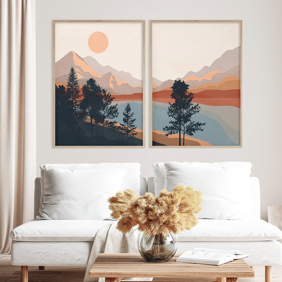 Illustrated Mountainscape Art Set | Landscape Poster Duo | Nature Wall Decor | Artistic Print Collection | Home & Garden Decor
