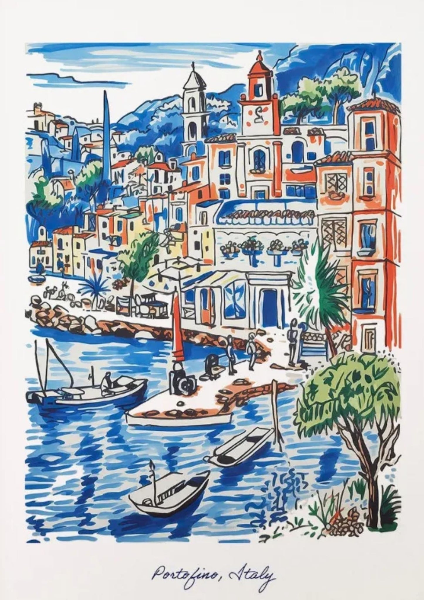 Portofino Waterfront Poster | Italienische Riviera-Szene | Maritime Wandkunst | Stilvolle Wohndekoration für Wohnzimmer oder Büro