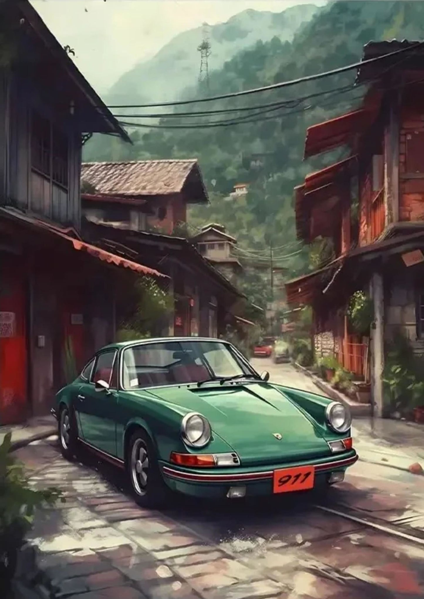 Porsche 911 Poster | Altstadtstraße in den Bergen Kunst | Historischer Erkundungsdruck | Nostalgische Routen Kunstwerk