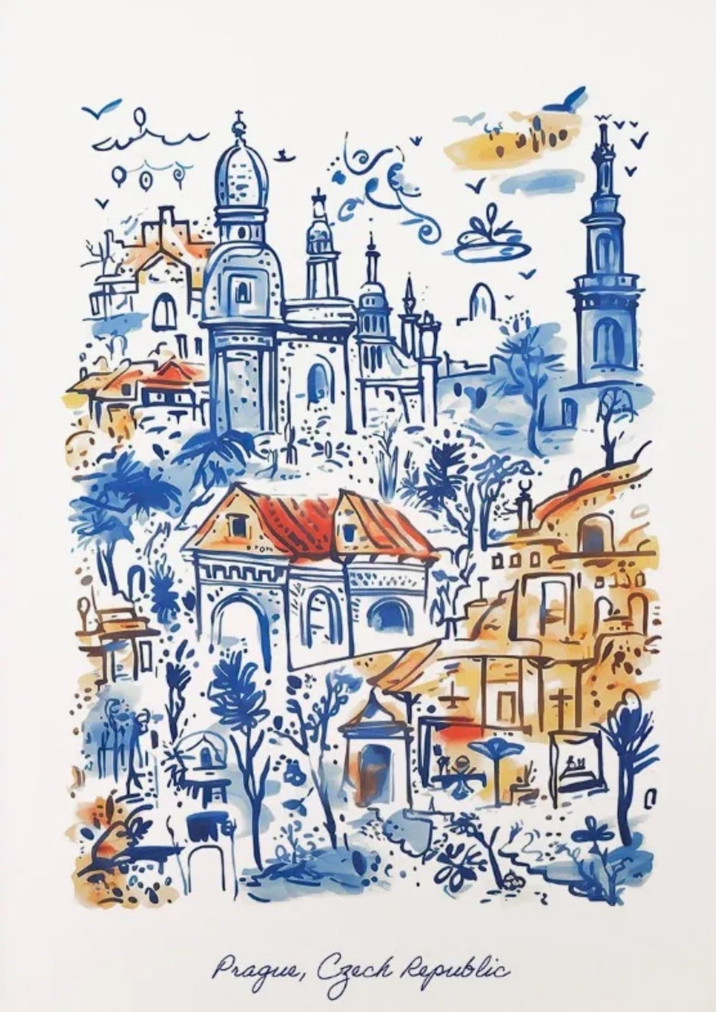 Prager Architektur Poster | Blaue und orange Aquarellkunst | Tschechische Republik Historische Illustration | Einzigartige Wohndekoration