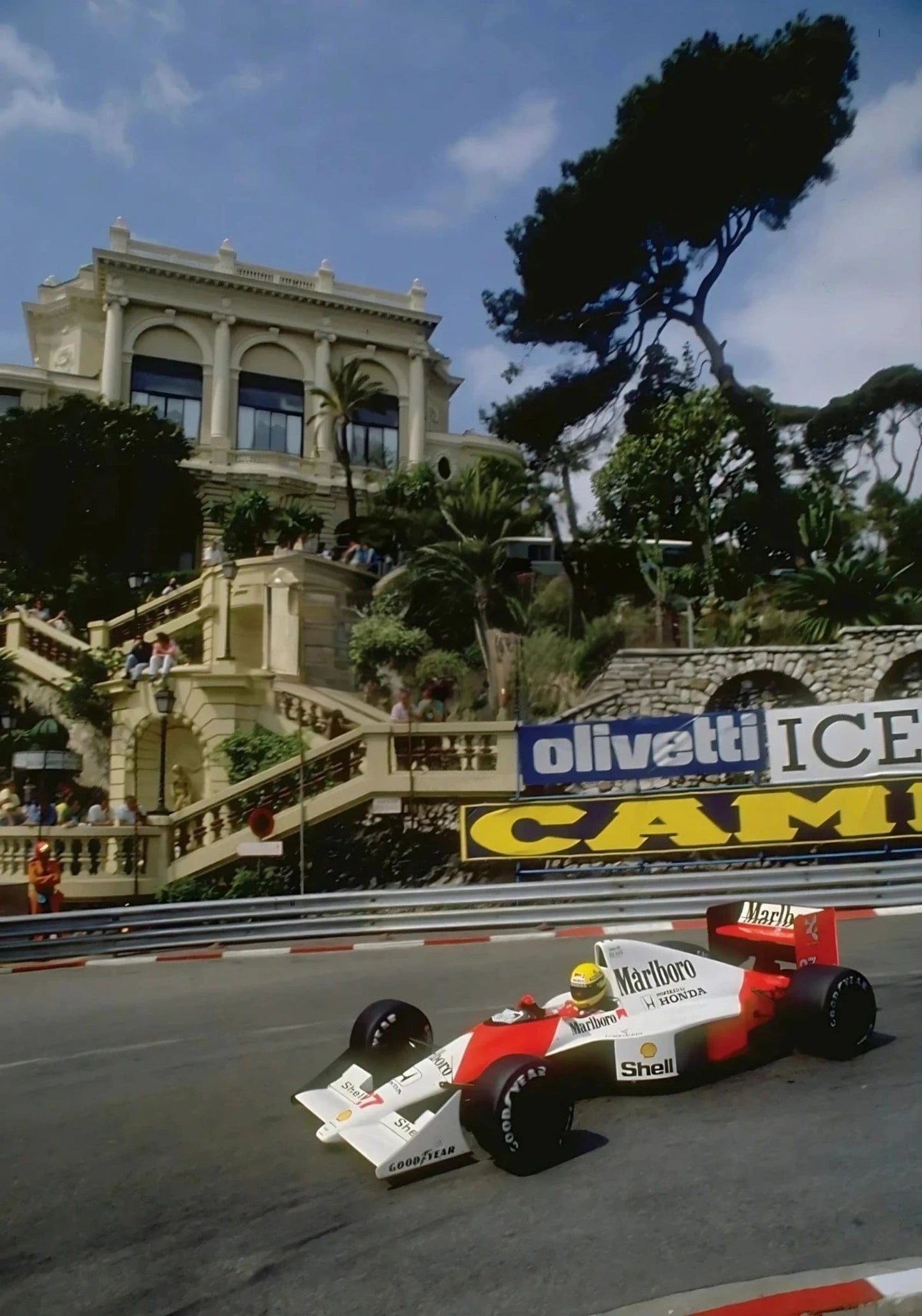 Formel 1 von Monaco | Grand Prix von Monaco | F1-Rennplakat | McLaren MP4/5 | Ayrton Senna | Stufen des Casinos von Monte Carlo