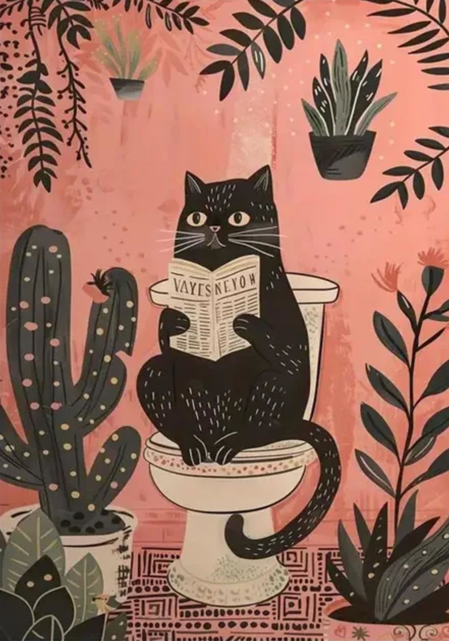 Lustiges Poster mit schwarzer Katze | Retro-Kunst-Zitat | Kätzchen liest Zeitung | Badezimmerdekor | Tier-Wandkunst | Wohnzimmerdekoration