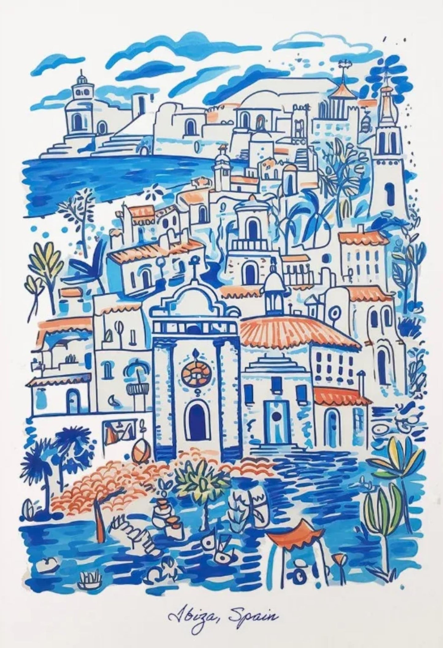 Ibiza-Poster | Farbenfrohe künstlerische Darstellung einer mediterranen Küstenstadt | Perfekt für moderne Wohndekoration | Lebendige Wandkunst