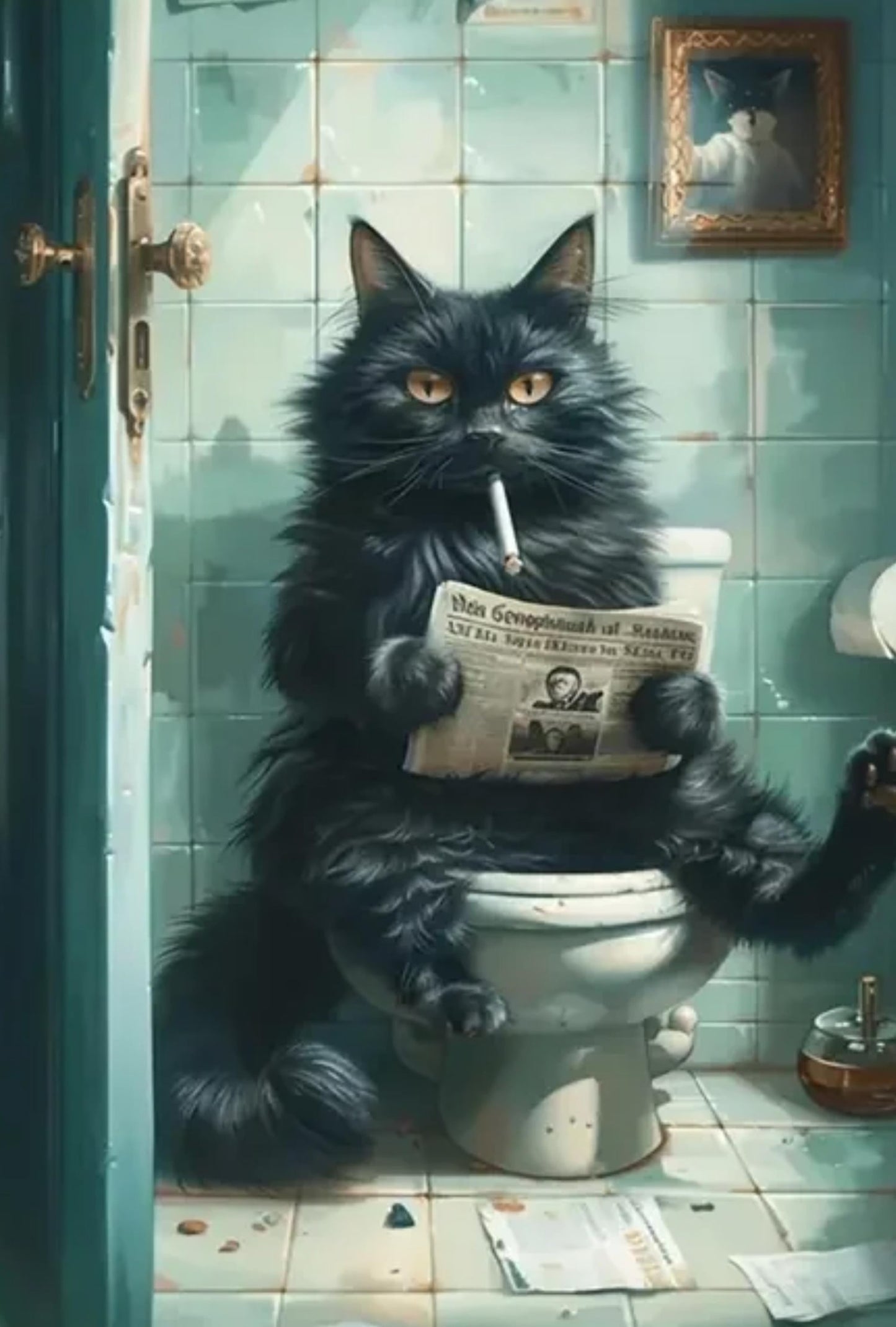 Lustiges Poster mit schwarzer Katze | Kätzchen liest Zeitung | Retro-Kunst-Zitat | Tierposter für Wohnzimmerdekoration