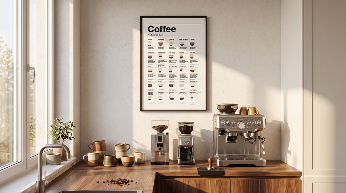 Coffee guide print in a modern kitchen