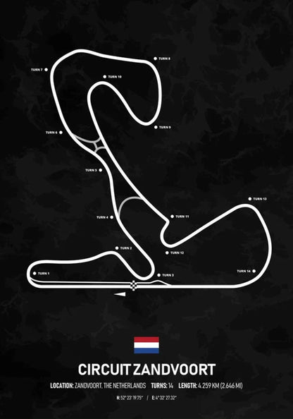 Rennstrecke Zandvoort Formel 1 Poster | Niederlande | Zandvoort | Malerische Grand-Prix-Strecke von Zandvoort | Niederländische F1-Rennplakate
