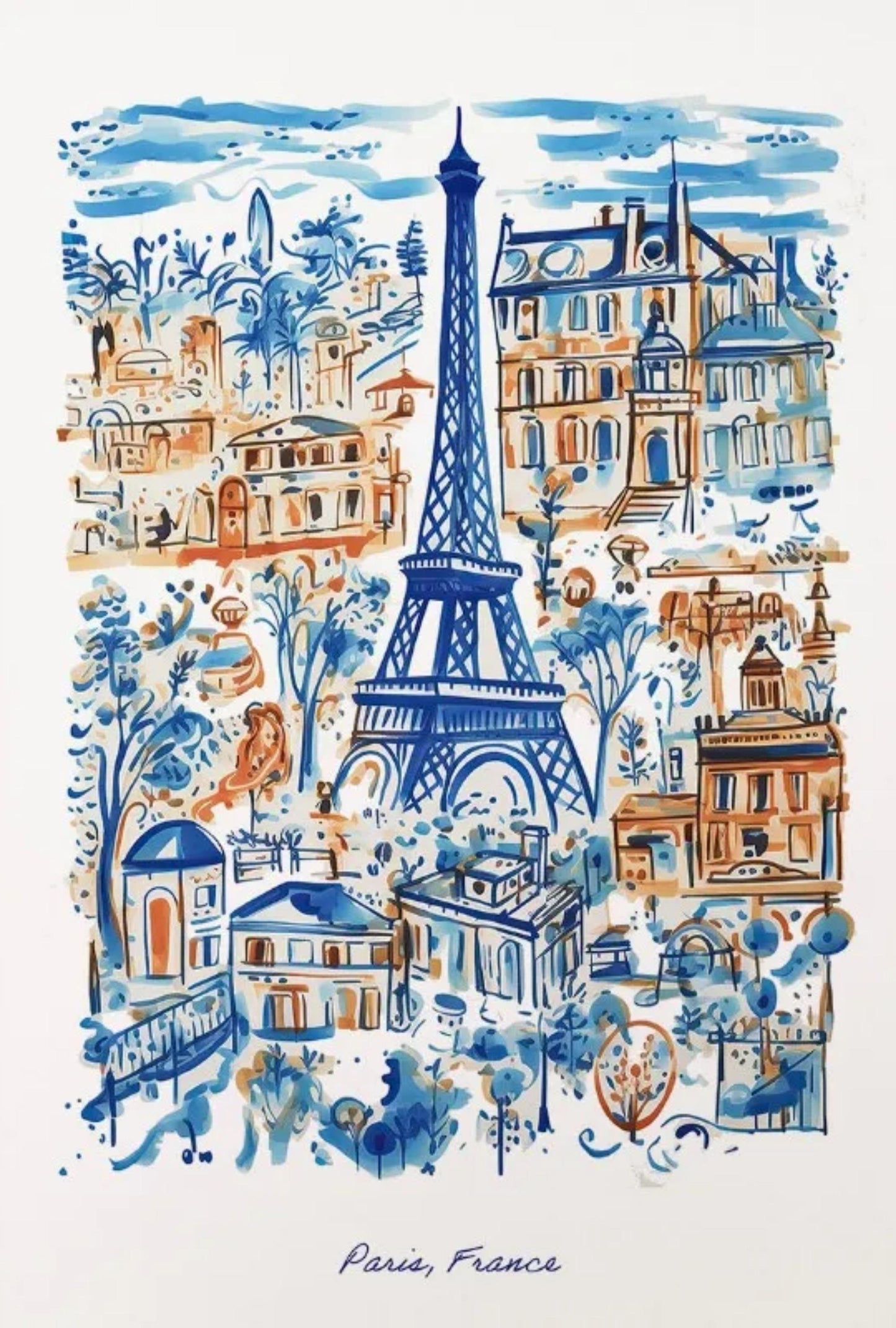 Poster Paris, Frankreich | Eiffelturm und Stadtbild | Blaues und orangefarbenes Kunstwerk | Ideal für die Galeriewand