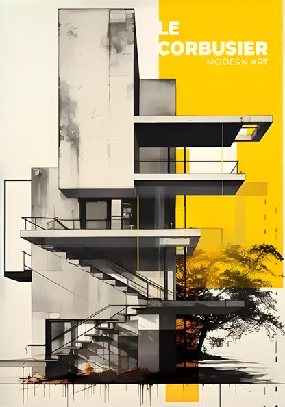 Von Le Corbusier inspiriertes modernes Kunstposter | Kräftige gelbe abstrakte Architektur | Ideal für das Homeoffice | Zeitgenössische Wandkunst