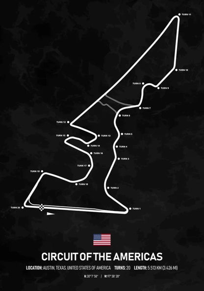 Formel-1-Poster „Circuit of the Americas“ | USA | Austin | Führende amerikanische Grand-Prix-Strecke | Dynamische Formel-1-Rennstrecken-Poster