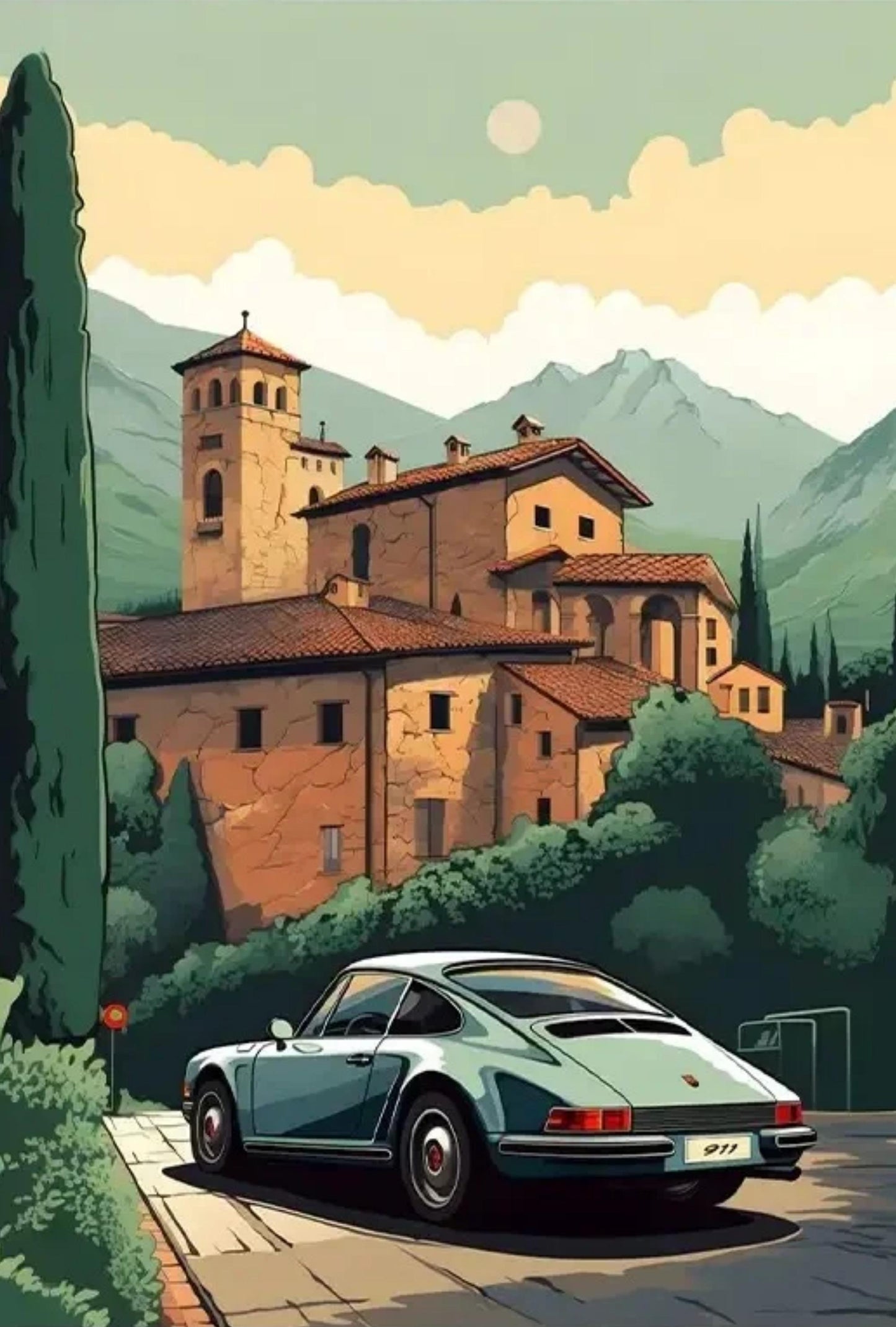 Porsche 911 Poster | Heitere Dämmerung im alten Kloster | Friedlicher Zufluchtsort | Automobilkunst | Historische Erkundungen