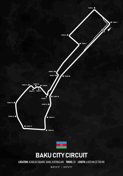 Baku City Circuit Formel 1 Poster | Aserbaidschan | Baku | Spannende Grand-Prix-Strecke von Aserbaidschan | Einzigartige F1-Poster zum Straßenkurs