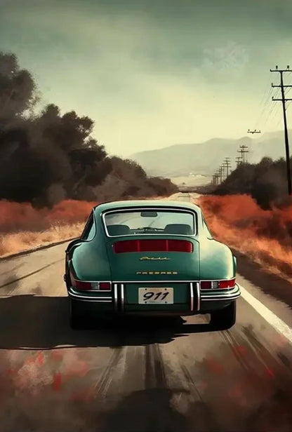 Porsche 911 Poster | Feurige Autobahnfahrt bei Sonnenuntergang | Wüstenlandschaftskunst | Dramatische Szenerie