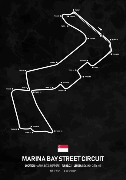 Marina Bay Street Circuit Formel 1 Poster | Singapur | Marina Bay | Spektakuläre Grand-Prix-Strecke von Singapur | F1-Rennplakate bei Nacht