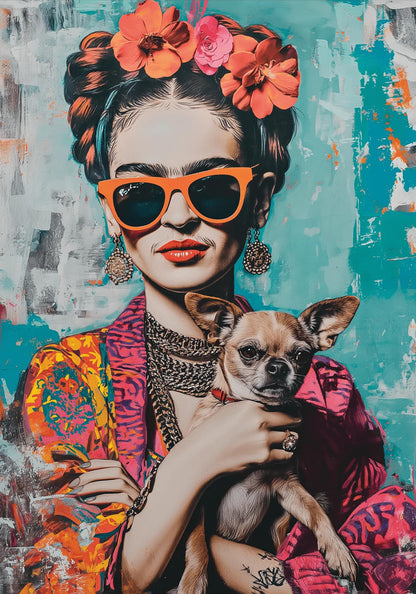 Frida-Kahlo-Stil | Chihuahua-Porträt | Farbenfrohe Kunst