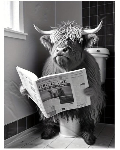 Vache des Highlands lisant un journal sur les toilettes