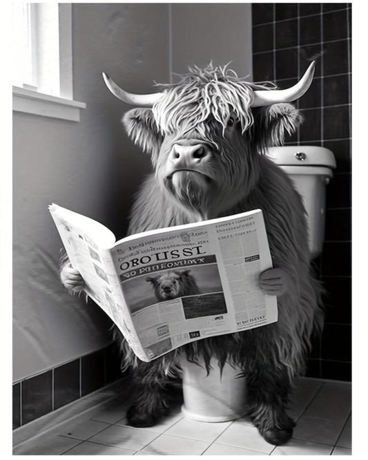 Highland Cow Reading Newspaper On Toilet