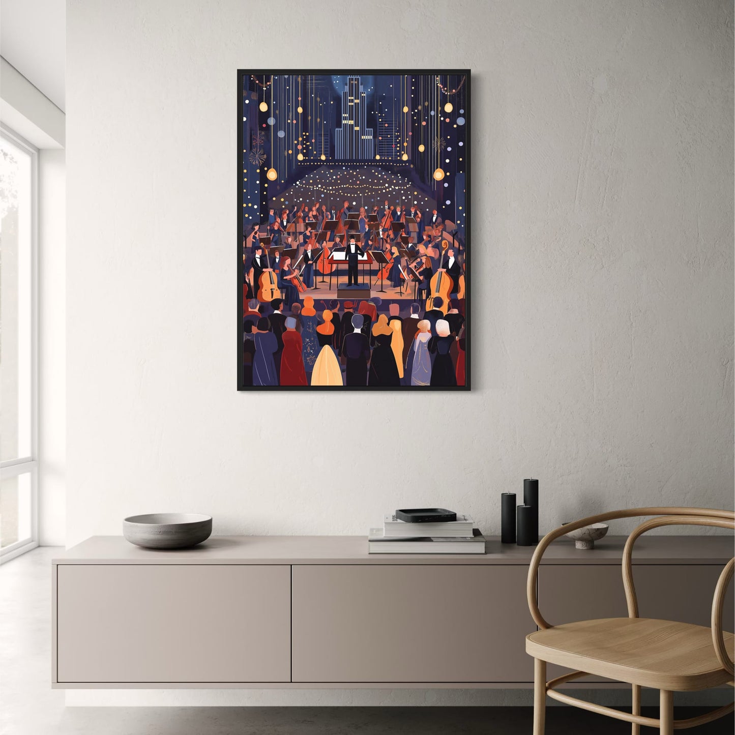 Majestic Nighttime Symphony Orchestra | Conductor | Musicians in Grand Hall | Formal Audience | Atmospheric Fireworks | Classical Music | Art Illustration Poster | Perfect for Living Room Decor | High-Quality Print