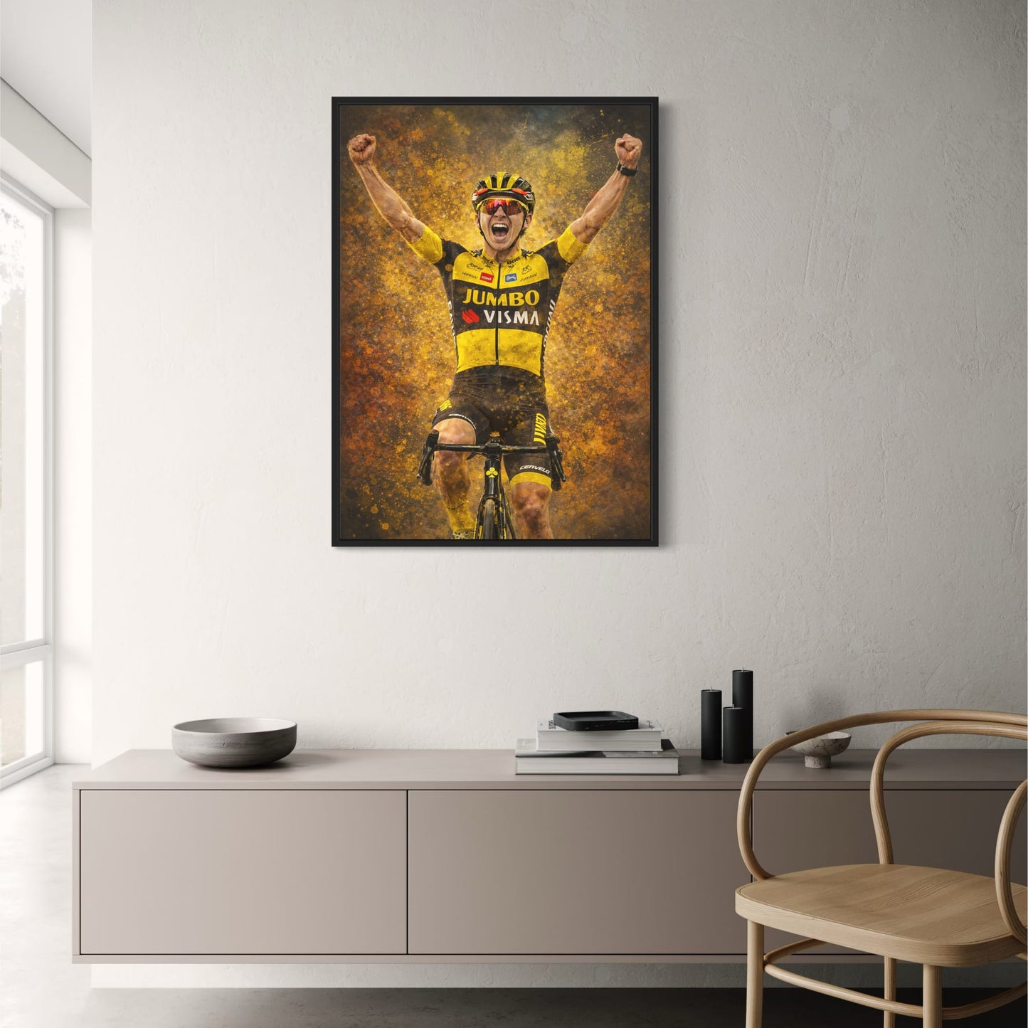 Triumphant Cyclist | Vibrant Jumbo Visma Team Gear | Intense Energy Burst | Sports Victory | Cycling Enthusiast | Cervélo Bike | Home Decor Poster Print