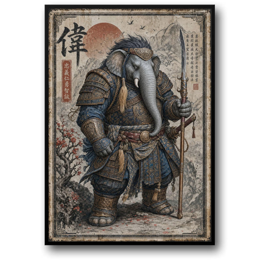 Olifant Krijger Kunst | Fantasy Samurai Decor | Vintage Stijl Print | Wand Kunst Poster | Heroïsche Dier Krijger Ontwerp | Fantasy Decor Poster