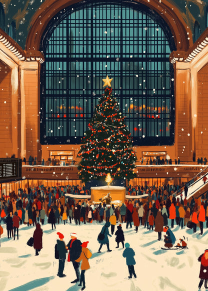 Grand City Station | Christmas Poster Print | Festive Holiday Scene | Majestic Tree | Snowy Urban Landmark | Winter Decor