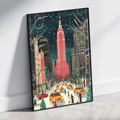 Empire State Building | Colorful Winter Cityscape | Festive Red & White | Snowflakes | Holiday Spirit | Vibrant Street Scene | Urban Winter Charm | Yellow Taxis | Holiday Shoppers | Snow-Covered Avenue | Print Poster