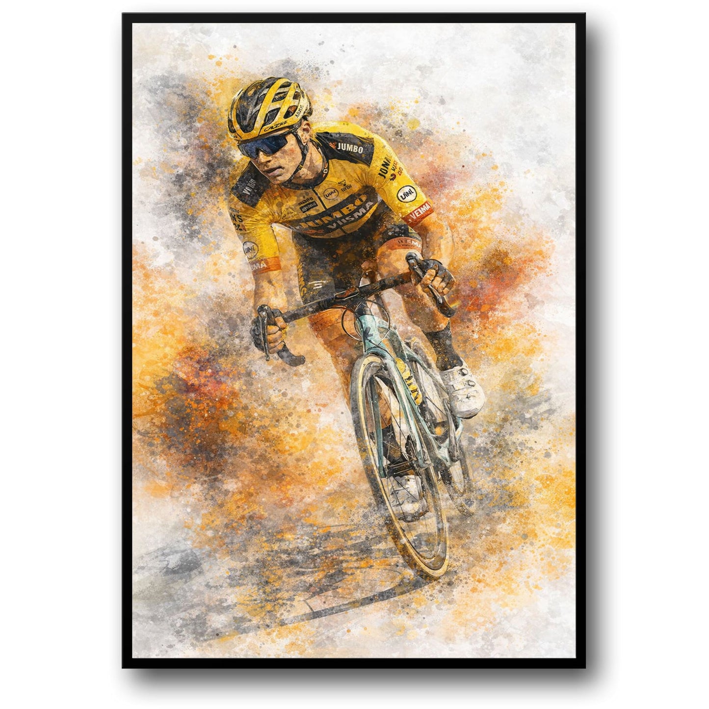 Cycling Wall Art | Professional Road Cyclist in Yellow & Black Team Kit | Modern Sports Poster Print for Gym or Home Decor Enthusiasts